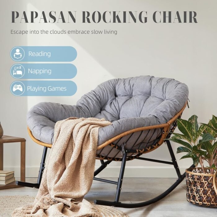 Oversized Patio Rocking Chair, Papasan Rocking Chair Indoor Outdoor Use, Lounge Chair with Cushion, Egg Rocker Chairs, Comfy Reading Chairs for Bedroom, Living Room, Garden, Lawn, Grey - Image 5
