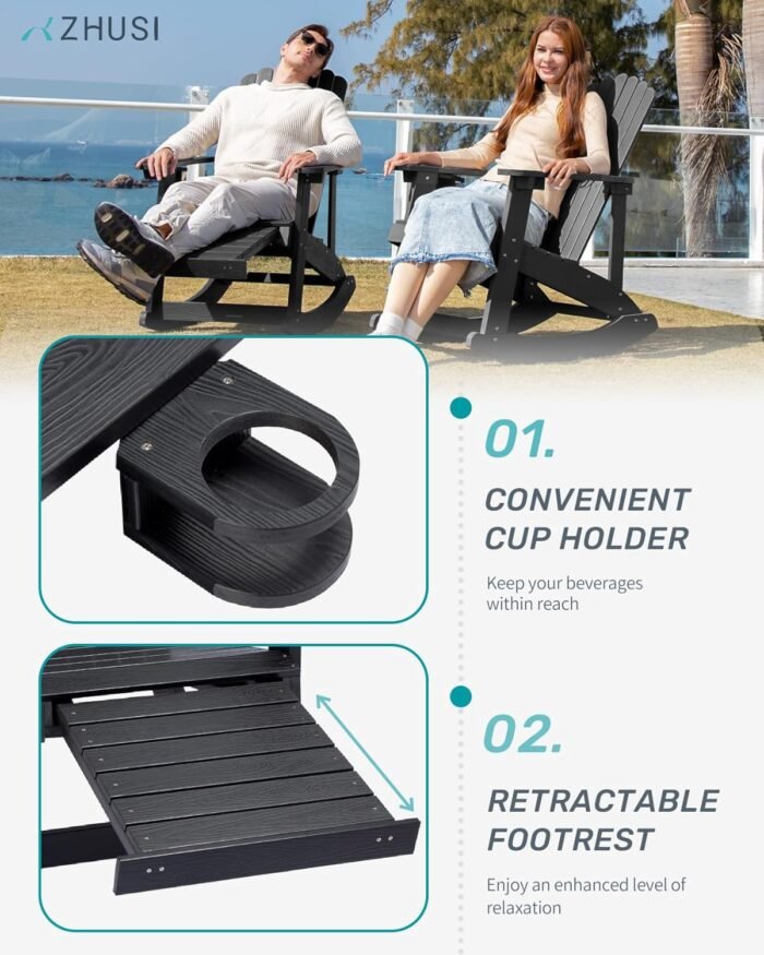 ZHUSI Adirondack Rocking Chair Outdoor with Retractable Ottoman and Cup Holder, HDPE Oversized Patio Rocking Chairs with Footrest, Wood-Like Porch Rocker for Backyard, Garden (Black, 1 PC) - Image 5