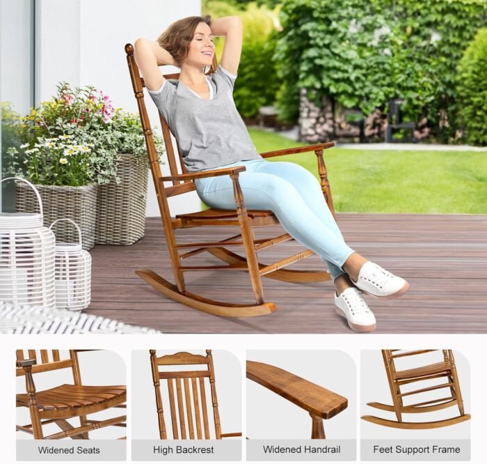 VINGLI Wood Rocking Chair Outdoor with 450 lbs Support Relaxing Rocker Solid Wood High Back Seat Reclining Seat for Deck, Garden, Backyard, Porch, Indoor or Outdoor Use, Teak - Image 5