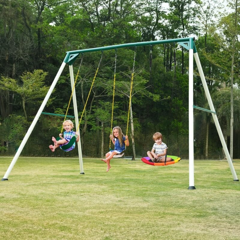 Hapfan 9.5' Heavy Duty Tall Swing Sets for Backyard for Kids and Adults with Saucer Swing, 2 Belt Swings