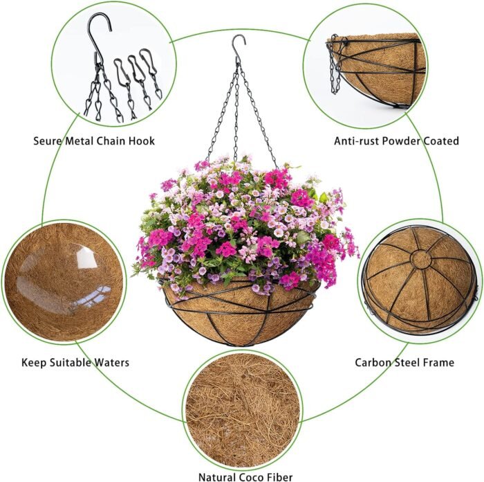 4 Pack 12 Inch Hanging Planters for Outdoor Plants Metal Watering Flower Baskets with Coco Liner for Hanging Pot Round Plant Holders Planter for Outside Garden Decoration - Image 3