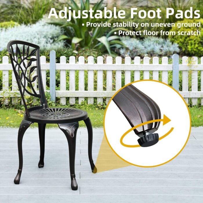 DWVO Outdoor Cast Aluminum Outdoor Chairs Set of 2, All-Weather Patio Dining Chair with Adjustable Feet for Balcony, Backyard, Deck, Garden, Hammered Bronze - Image 5