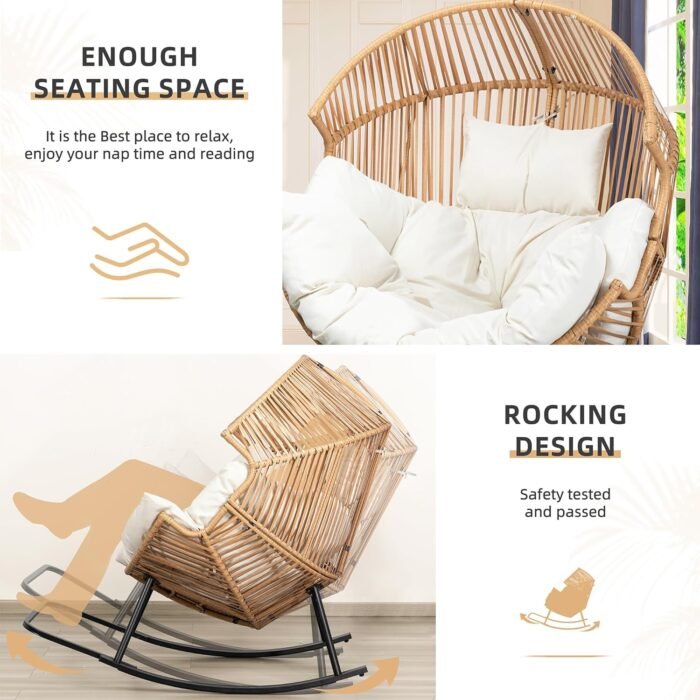 Vongrasig Wicker Rocking Egg Chair PE Rattan with Cushion, Oversized Patio Lounge Rocker Chair for Outdoor, Indoor, Balcony, Backyard, Garden, Beige - Image 6