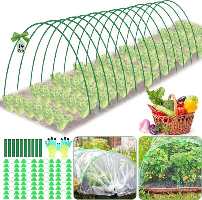 70 PCS Garden Hoops for Raised Beds 14 Sets Garden Tunnel Hoops Greenhouse Hoops Grow Tunnel, Rust-Free Fiberglass Garden Hoops Frame for Netting Shade Cloth Cover, DIY Plant Support Garden Stakes