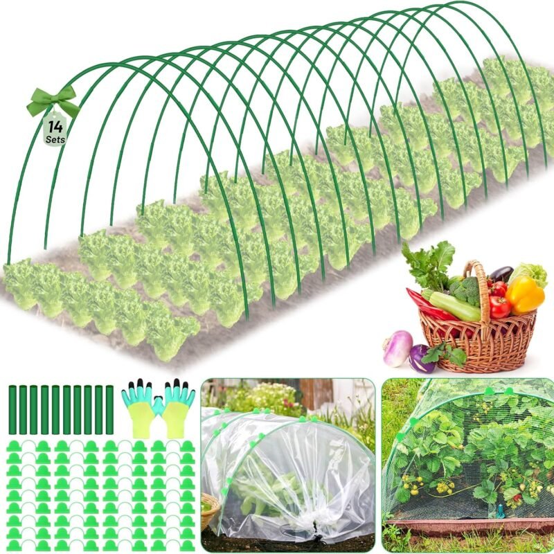 70 PCS Garden Hoops for Raised Beds 14 Sets Garden Tunnel Hoops Greenhouse Hoops Grow Tunnel, Rust-Free Fiberglass Garden Hoops Frame for Netting Shade Cloth Cover, DIY Plant Support Garden Stakes