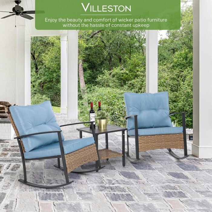 Wicker Rocking Chairs for Outdoors 3 Piece, Patio Rocking Chairs Set of 2, Patio Furniture Set, Small Outdoor Set for Porch, Poolside, Balcony and Yard, Blue - Image 7