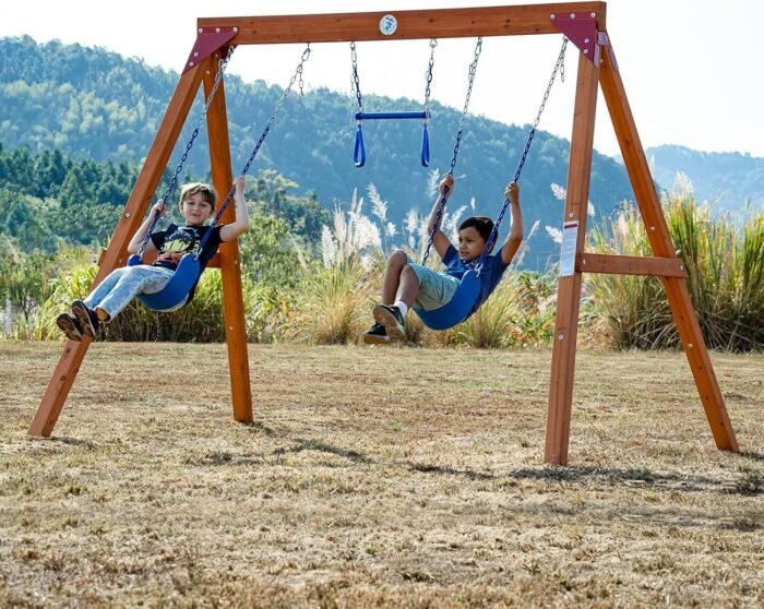 Dolphin Playground DIY Swing Sets for Backyard, Wooden Swing Set Outdoor for Kids with Trapeze Swing Bar and 2 Belt Swings, Heavy Duty Playground Accessories, Suitable for Any Swing Replacements