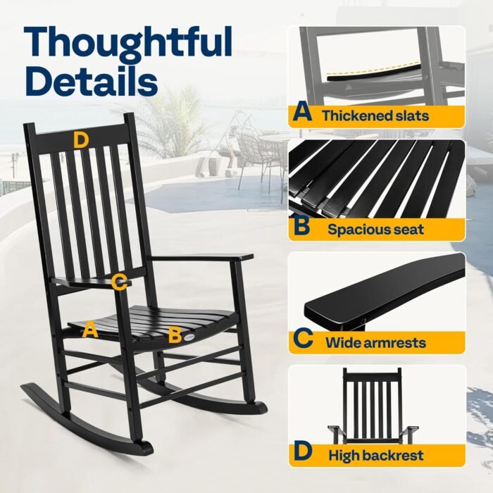 VIVOHOME Oversized Wooden Rocking Chair with Anti-Slip Strips for Noise Reduction, Suitable for Indoor, Porch, Garden, Black - Image 6