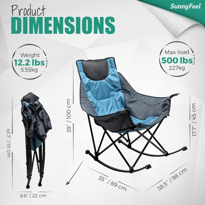 SUNNYFEEL Oversized Rocking Camping Chair, Fully Padded Patio Chair with Side Pocket, High Back Portable Lawn Recliner with Headrest, Outdoor Camp Rocker Chairs for Adults Heavy Duty 500 LBS - Image 3