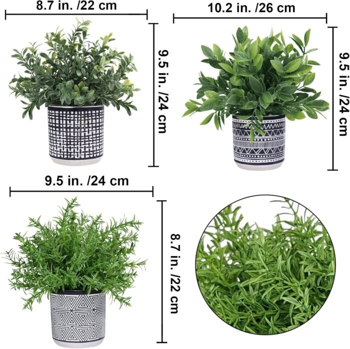 Winlyn Set of 3 Small Potted Plants Artificial Eucalyptus Rosemary Boxwood Plants in Black and White Geometric Pots for Table Centerpiece Kitchen Counter Windowsill Indoor Outdoor Garden Greens Decor - Image 2