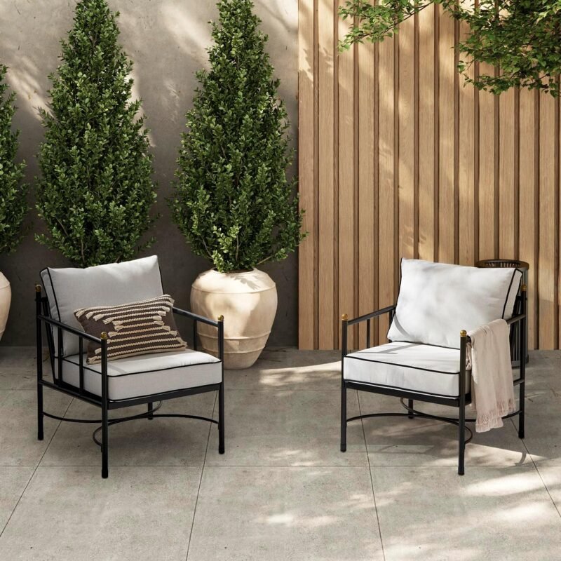 mopio Odelia Patio Chairs Set of 2, Outdoor Chair with Removable Cushions and Rust Free Metal Frame, Conversation Sets for Front Porch, Balcony, Apartments, Yard, Bistro (Lounge Chair x2, Offwhite)