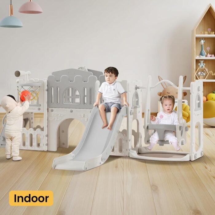 10 in 1 Toddler Slide, Age 1-3 with Swing, Basketball Hoop and Telescope, Kid Slide for Toddlers, Indoor Outdoor Slide Toddler Playset Toddler Playground (Grey) - Image 2