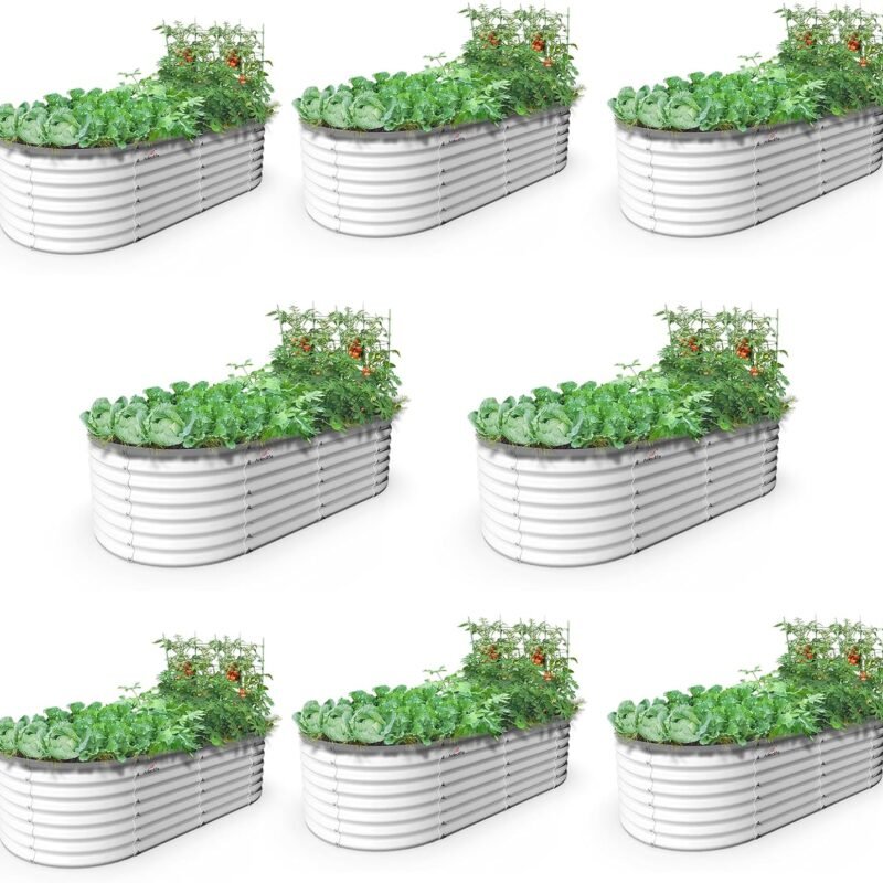 A ANLEOLIFE 6X3X2 ft Galvanized Raised Garden Beds Outdoor-8 Pack, Oval Large Metal Deep Root Planter Box for Planting Vegetables Flowers Herb, Anti-Rust & Easy-Setup, Antique White