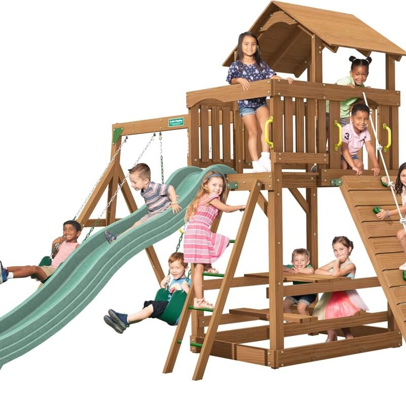 Creative Playthings Spring Hill Wooden Swing Set (Made in The USA), Includes Kids Climbing Wall, Playground Swings and Slide, 15 x 14 x 11 ft
