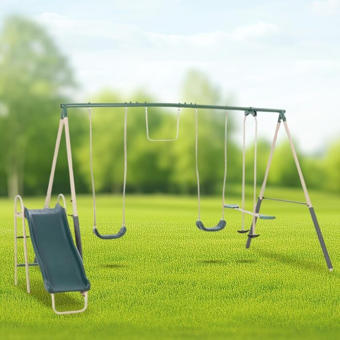 XDP Recreation Central Park Swing Set, 6 Child Capacity, Backyard Playset with Slide, Trapeze, Fun-Glider, and 2 Traditional Swing Seats, Green - Image 4