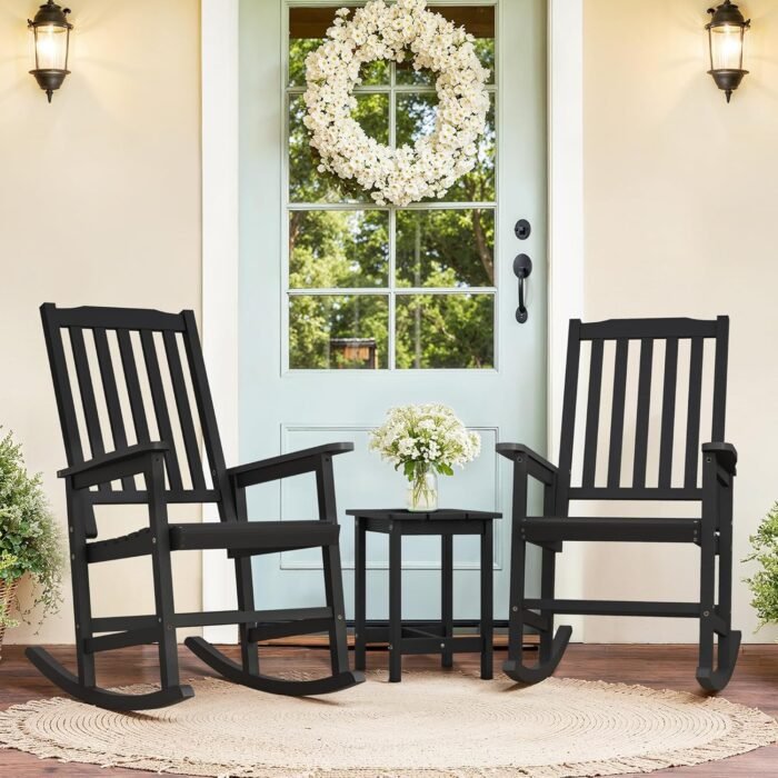 Oversized Outdoor Rocking Chairs Set of 2, All Weather Resistant Wooden Rocker with High Back and Wide Seat, Heavy Duty 350 lbs Patio Chair for Backyard, Porch, Garden, Black