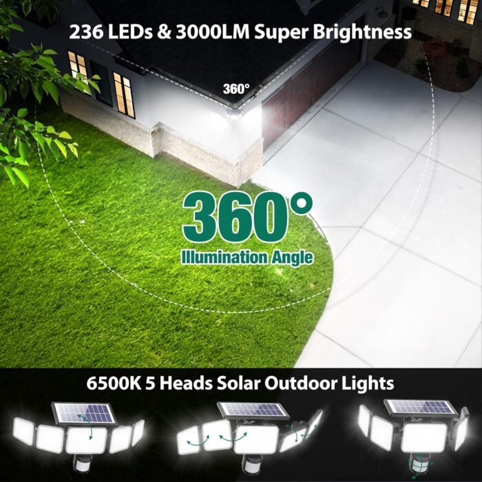 3000LM Solar Lights outdoor, 5 Adjustable Heads Solar Motion Sensor Lights, 236 LEDs 3 Brightness Mode, Waterproof Security Wall Lights, Remote Control Flood Lights for Graden, Backyard, 2 Pack - Image 2
