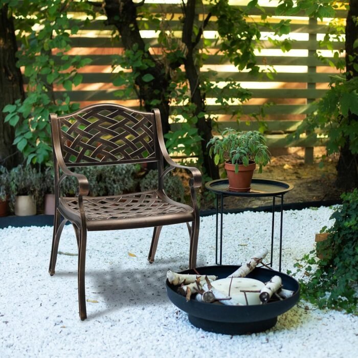 VINGLI Outdoor Dining Chairs Set of 2, Cast Aluminum Patio Chairs, All-Weather Aluminum Outdoor Chairs Patio Furniture for Porch, Bistro, Backyard and Balcony Bronze - Image 6
