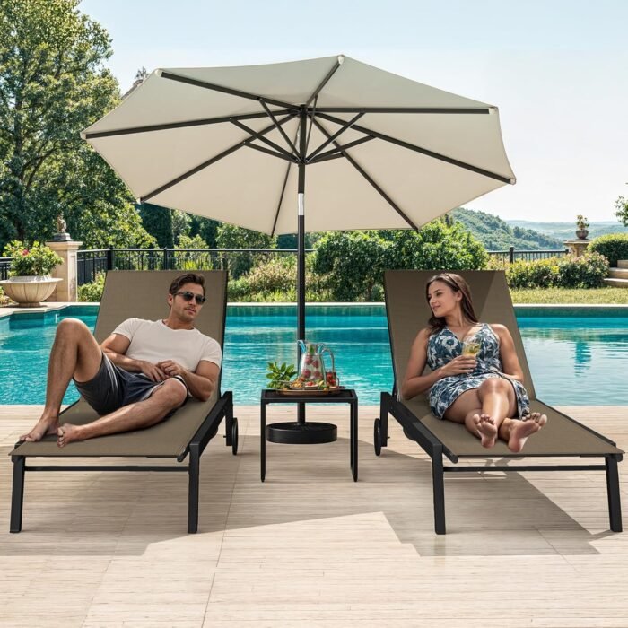 DWVO Outdoor Chaise Lounge Set, 2 Patio Chaise Lounge Chairs with Side Table, Textile Pool Loungers with 5-Level Backrest and Wheels for Beach, Lawn, Porch, Garden (Brown) - Image 3