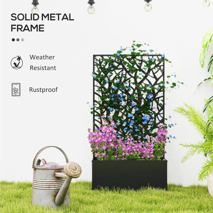 Outsunny Metal Raised Garden Bed with Trellis for Climbing Plants, Freestanding or Wall Mounted Flower Bed with Privacy Panel, Two Big Tree Cut-Outs Outdoor Planter Box for Garden, Patio, Balcony - Image 5