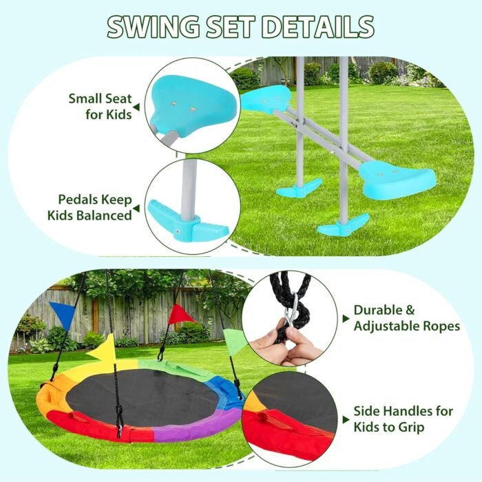 Swing Sets for Backyard, 3 in 1 Swing Sets, Heavy-Duty Metal Swing Stand with Saucer Swing, Climbing Ladder and Glider, Boy Girl Gift 3 to 8 Years - Image 4