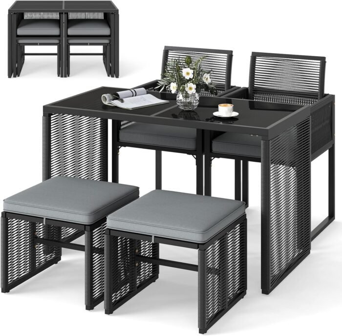 Tangkula 5 Pieces PE Wicker Patio Dining Set, Outdoor Conversation Set with Cushions, Space-Saving Patio Rattan Chair and Tempered Glass Table Set with Ottomans for Garden, Backyard & Poolside (Gray)