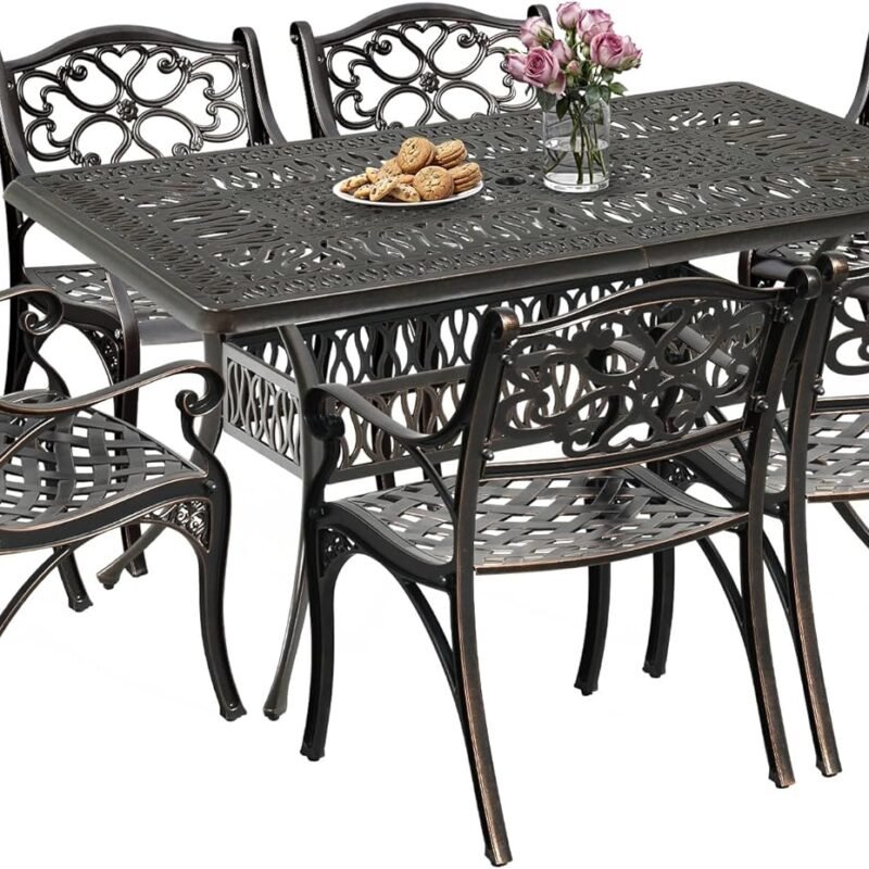 DWVO 7-Piece Outdoor Furniture Cast Aluminum Patio Dining Sets, All-Weather Patio Bistro Sets with 6 Chairs, 59 Inches Round Table with Umbrella Hole, Adjustable Feet for Balcony Backyard Deck Garden