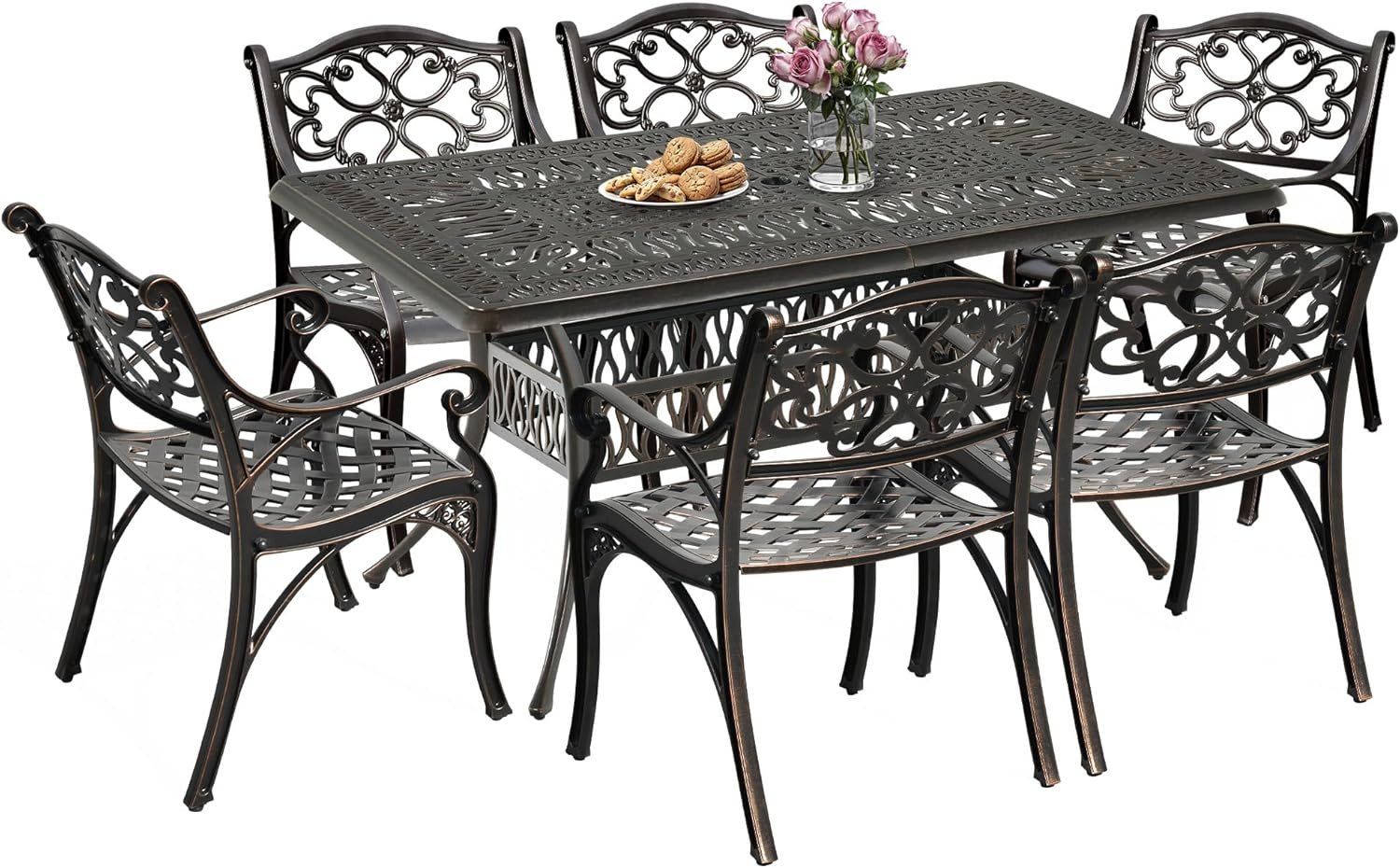 DWVO 7-Piece Outdoor Furniture Cast Aluminum Patio Dining Sets, All-Weather Patio Bistro Sets with 6 Chairs, 59 Inches Round Table with Umbrella Hole, Adjustable Feet for Balcony Backyard Deck Garden