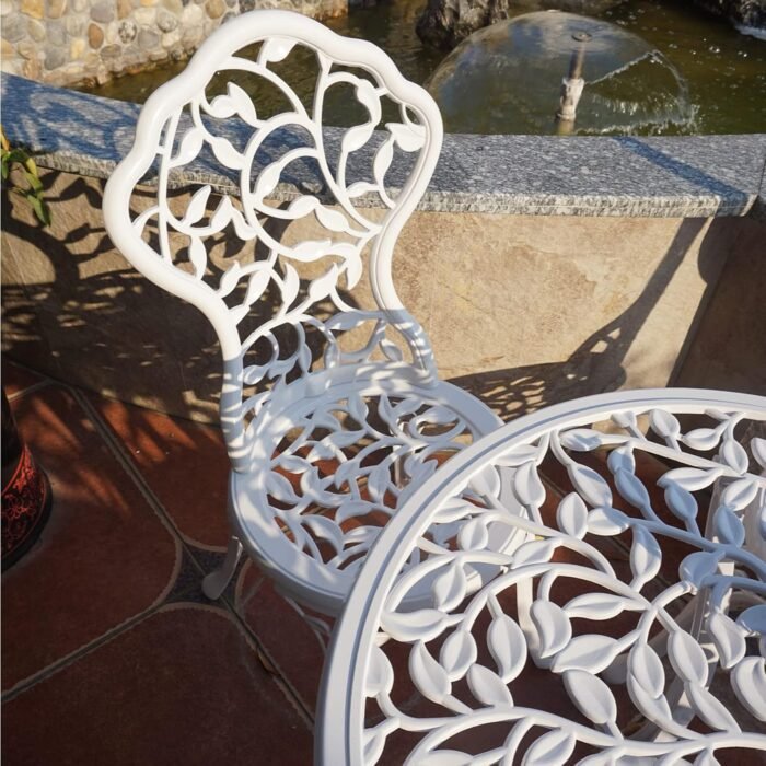 KAILI Patio Bistro Sets 3 Piece cast Aluminum Patio Furniture Outdoor Garden Metal Rust Proof Tables and Chairs White bisrto Set (Leaf-White) - Image 6
