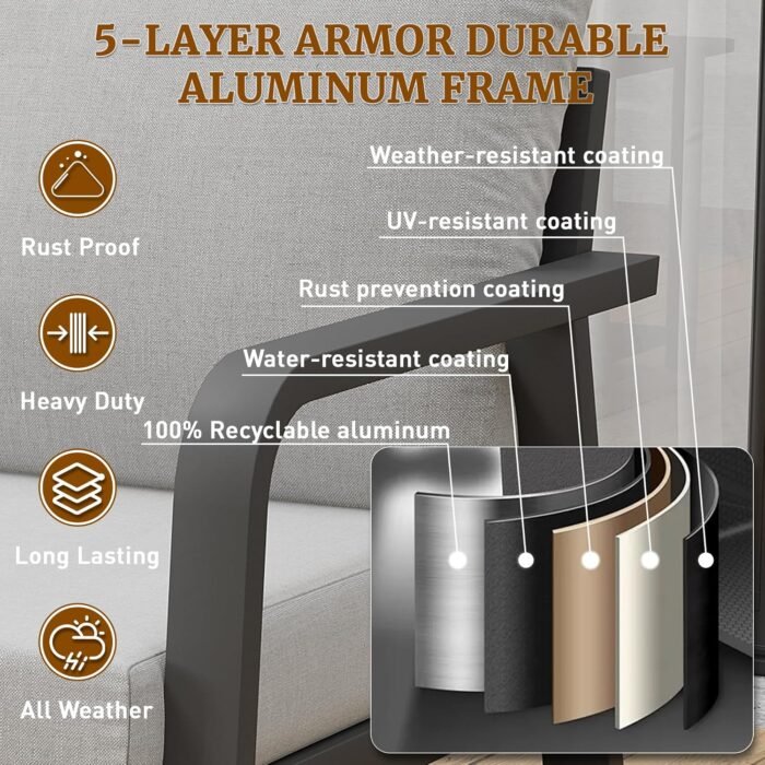 3 Piece Aluminum Outdoor Swivel Rocking Chairs Set, All Weather Swivel Patio Chairs for Porch Deck Balcony Garden (Silver Gray) - Image 3