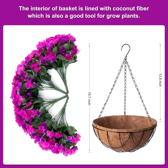 Artificial Hanging Flowers with 12" Basket Outdoor Spring Summer Decor, Fake Hydrangea UV Resistant Arrangements in Pot Planter Decor for Indoor Porch Garden Yard(Double Lotus) - Image 2