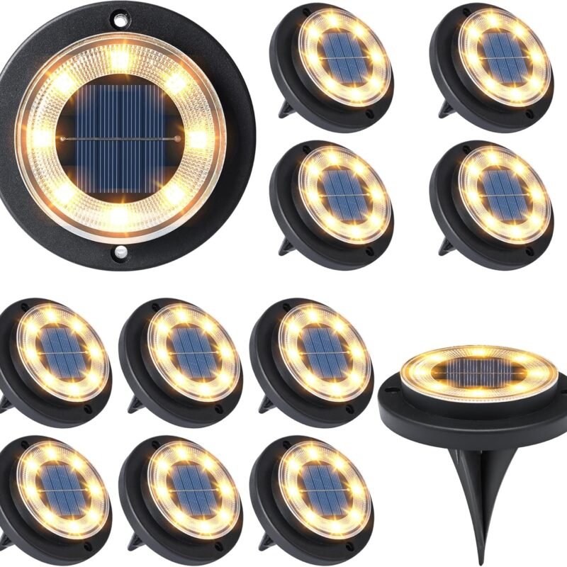 Flacchi Solar Ground Lights - Solar Powered Lights Outdoor Solar Disk Lights Waterproof Landscape Lights for Patio Yard Pathway Walkway Driveway (Warm White, 12 Pack)