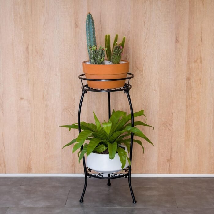 FaithLand 2 Pack Metal Plant Stands, Tall Planter Holder Indoor Outdoor, 2 Tier Round Potted Supports Rack, Corner Display Shelf Black - Image 2