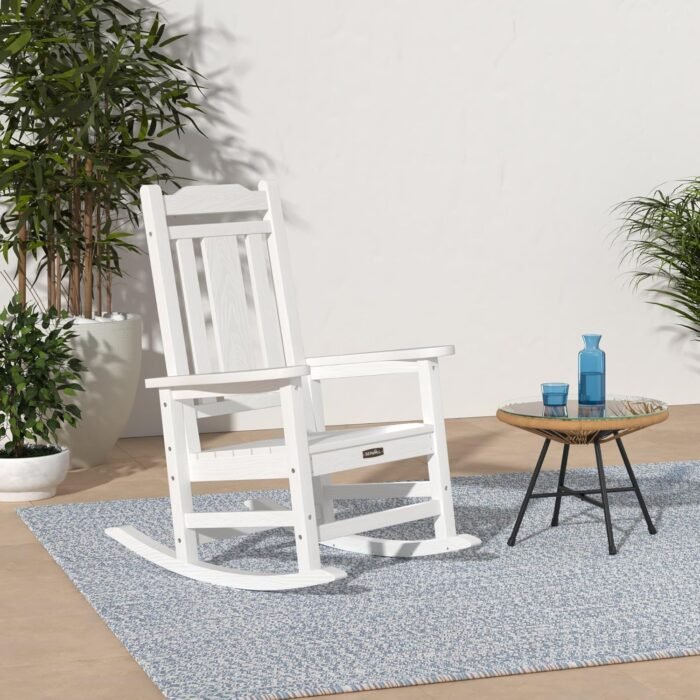 SERWALL White Outdoor Rocking Chair Set of 2, HDPE Outdoor Rocker - Image 2