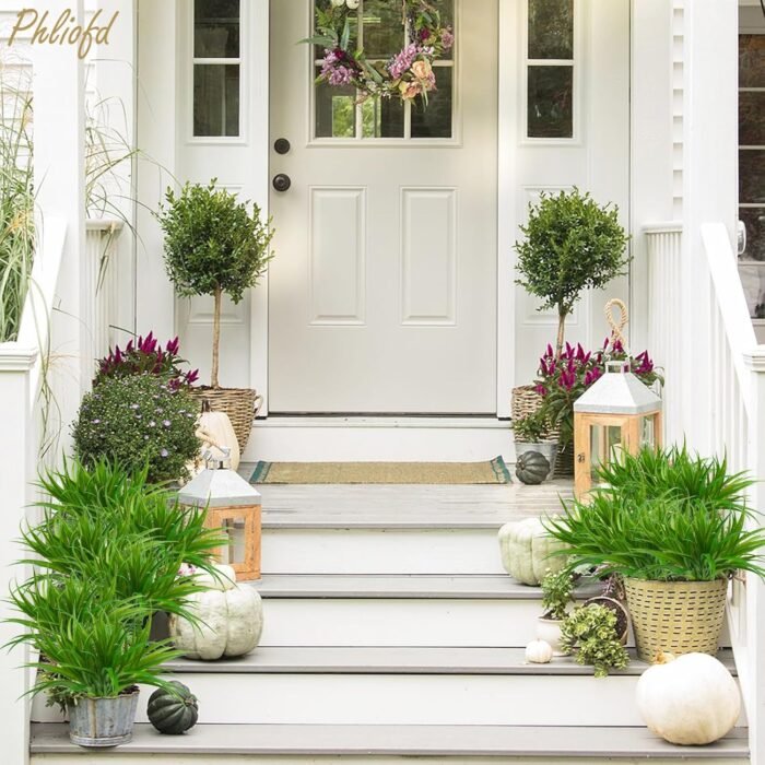 16Pcs Artificial Grass Fake Plants 17.3in 16 Leaves Outdoor Fake Grass UV Resistant Greenery Plastic Plants for Home Window Garden Patio Hanging Planter Pathway Front Porch Décor Green - Image 2
