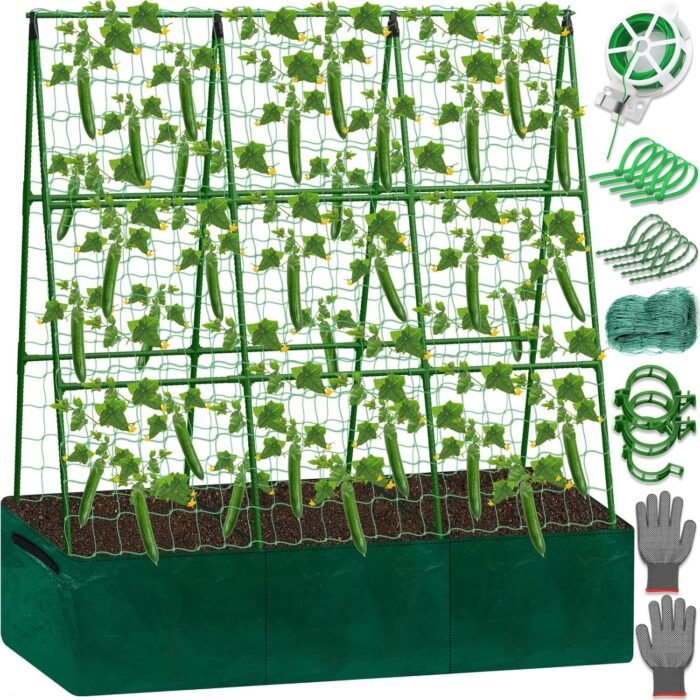Cucumber Trellis for Garden, 47 x 52 Inches A Frame Gardening Trellis with Fabric Raised Garden Bed, Climbing Net and Plant Support Clips for Climbing Plants ﻿