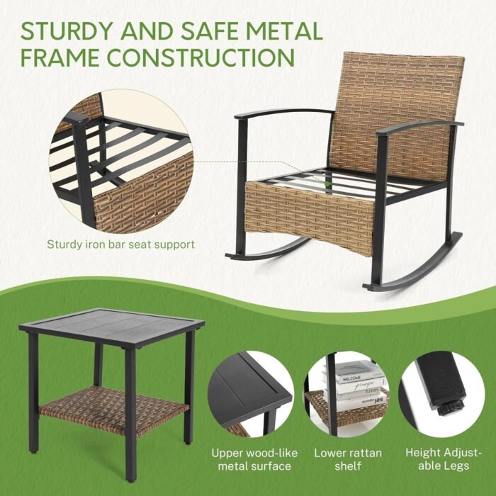 Wicker Rocking Chairs for Outdoors 3 Piece, Patio Rocking Chairs Set of 2, Patio Furniture Set, Small Outdoor Set for Porch, Poolside, Balcony and Yard, Blue - Image 4