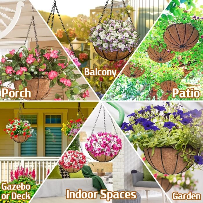 ZeeDix Hanging Baskets for Plants Outdoor-3 Pack 12 Inch Hanging Planters with Coconut Liners, Metal Round Hanging Planter for Flowers Vegetables - Image 5