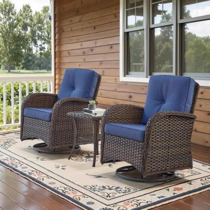 Patio Wicker Chairs Swivel Rocker - Outdoor Swivel Rocking Chairs Set of 2 with Rattan Side Table, Patio Swivel Glider Chair 3 Piece Patio Furniture Sets for Deck Porch Pool Brown/Blue