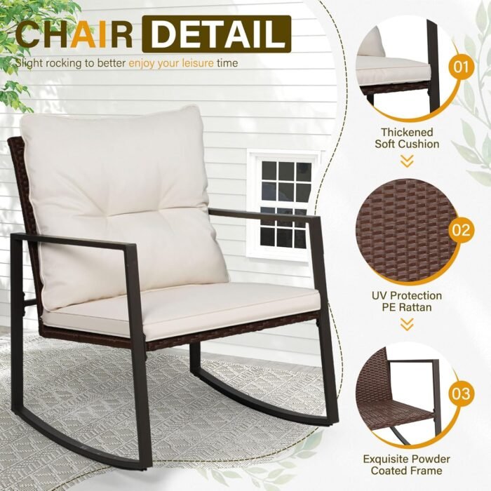 SUNCROWN 3-Piece Patio Bistro Set Outdoor Rocking Chairs Set Brown Wicker Porch Chairs with Glass Coffee Table, Beige Cushion - Image 6