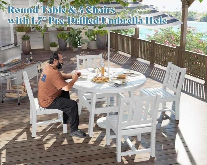 AMERLIFE 5 Piece HDPE Outdoor Dining Tables and Chairs, All-Weather Patio Outdoor Furniture with Umbrella Hole, Round Table for Garden, Backyard, Seaside, White - Image 2