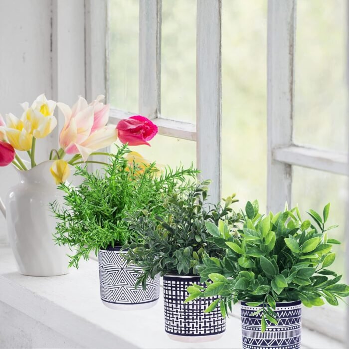 Winlyn Set of 3 Small Potted Plants Artificial Eucalyptus Rosemary Boxwood Plants in Black and White Geometric Pots for Table Centerpiece Kitchen Counter Windowsill Indoor Outdoor Garden Greens Decor - Image 6
