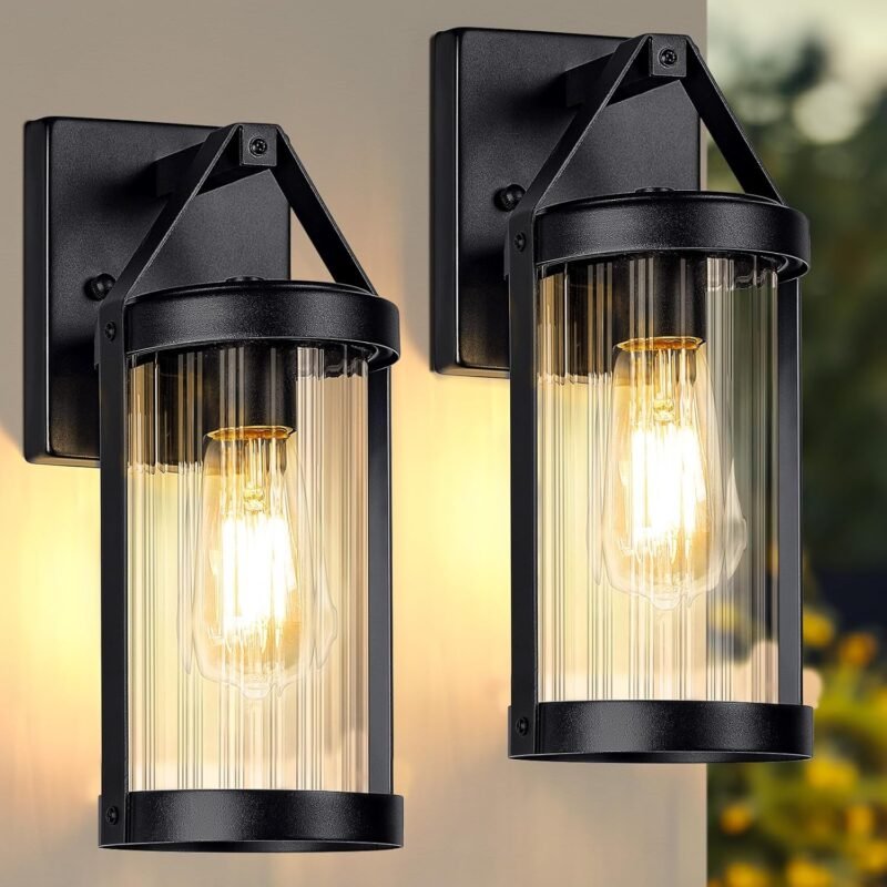 Outdoor Wall Light Fixtures, Waterproof Matte Black Exterior Wall Lantern Sconce Porch Lights, Outside Lighting with Clear Ribbed Glass for House, Garage, Front Door, 2-Pack