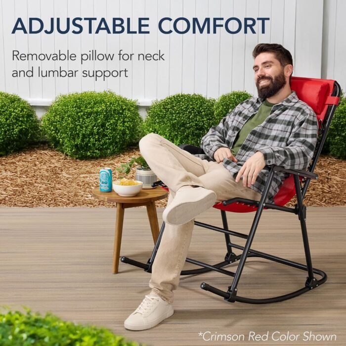 Best Choice Products Outdoor Folding Rocking Chair, Zero Gravity Lounge Chair, Patio Rocker w/Headrest Pillow - Sage Green - Image 6