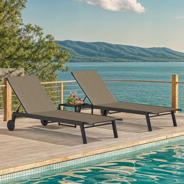DWVO Outdoor Chaise Lounge Set, 2 Patio Chaise Lounge Chairs with Side Table, Textile Pool Loungers with 5-Level Backrest and Wheels for Beach, Lawn, Porch, Garden (Brown) - Image 8
