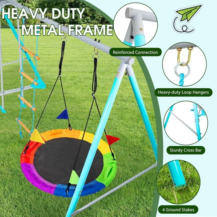 Swing Sets for Backyard, 3 in 1 Swing Sets, Heavy-Duty Metal Swing Stand with Saucer Swing, Climbing Ladder and Glider, Boy Girl Gift 3 to 8 Years - Image 2