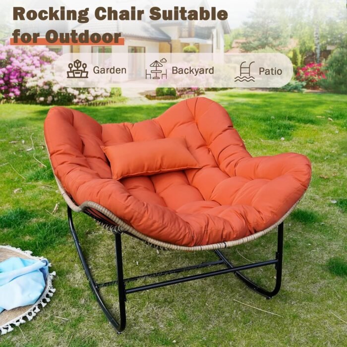 Papasan Rocking Chair, Oversized Patio Papasan Chairs Indoor with Cushion & Pillow, Egg-Shaped Rocking Chair Outdoor, All-Weather Wicker Rocker for Garden, Deck, Living Room, Red - Image 8
