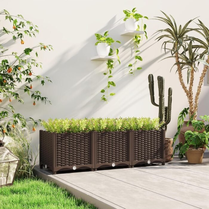 Outsunny 4 x 1 x 1 ft Raised Garden Bed, Indoor Outdoor Plastic Planter Box with Drainage Holes, Drain Plugs and Water Reservoirs for Vegetables, Herbs, Flowers & Succulents, Brown - Image 6