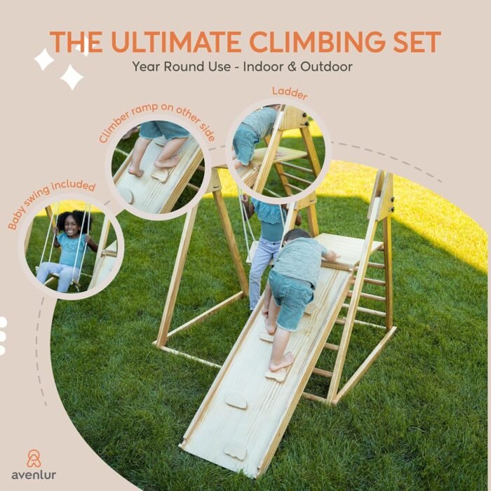 Avenlur 4-in-1 Juniper Outdoor Play Gym - Jungle Gym Playset with Baby Swing, Slide, Ladder, and Climbing Wall - Foldable Wooden Playset - Outdoor Jungle Gym for Kids Ages 18mo to 6yrs - Image 4