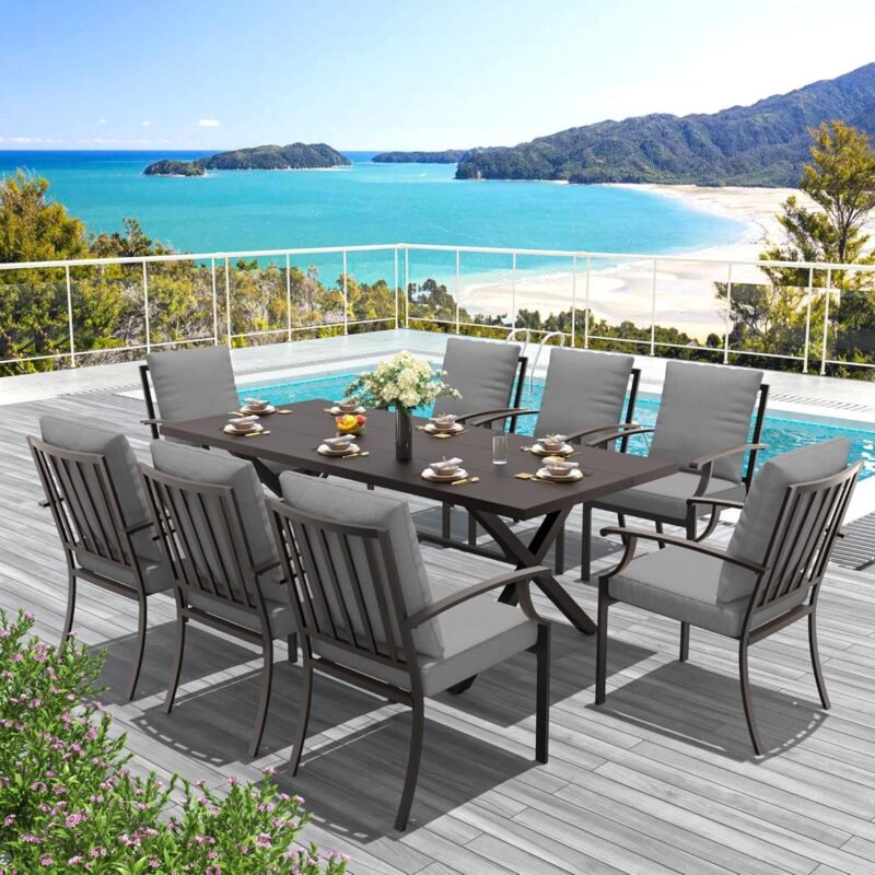 9-Piece Patio Dining Set Outdoor Conversation Set,Metal Outdoor Furniture Set with Umbrella Hole Cut-Out 78.7" x 35.4" Table and 8 Metal Backrest Chairs for Backyard,Garden,Grey
